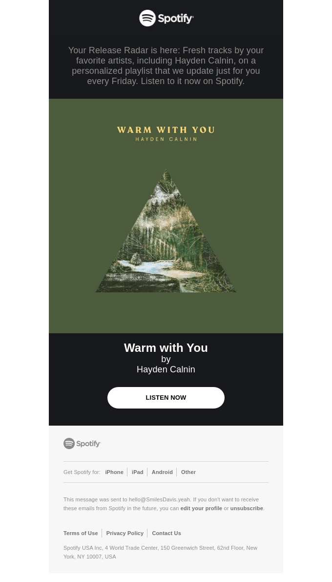 New music from artists you love, with Hayden Calnin on your Release Radar now - Spotify Email Newsletter