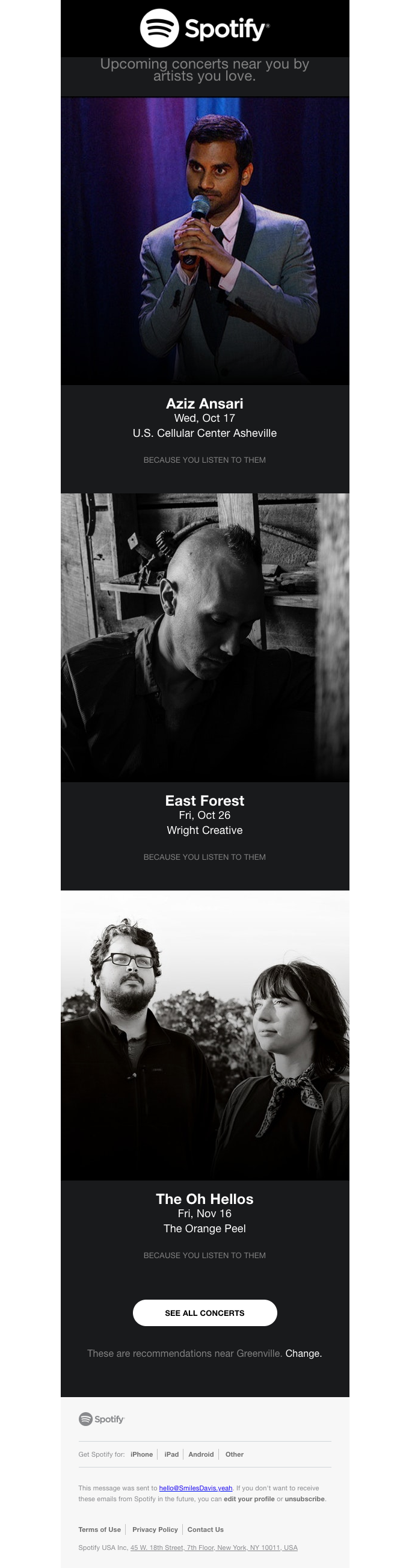 Upcoming shows near Greenville: Aziz Ansari, East Forest and more - Spotify Email Newsletter